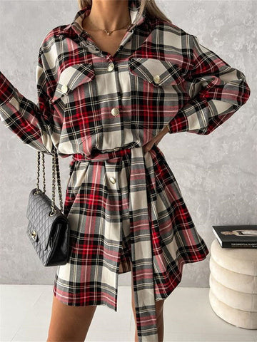 Woochic mini blouse robe carreaux boutonnage avec poches ceinture mode femme surchemise Rouge S